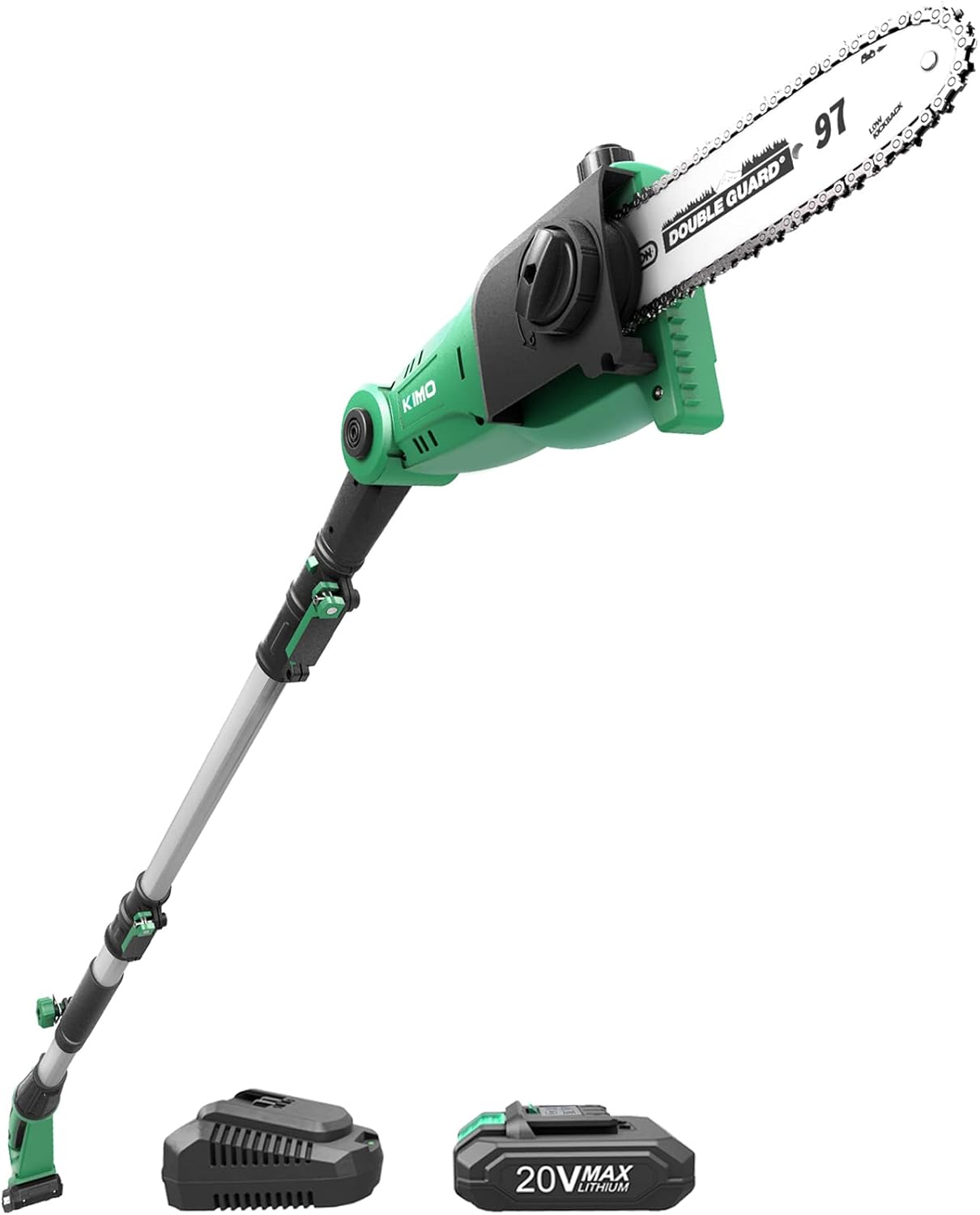 Pole Saws for Tree Trimming, KIMO 13-Foot Max. Reach Telescoping Cordless Electric Pole Saw, 20V Battery Powered Pole Chainsaw w/ 8-Inch Cutting Bar, 18ft/s Speed, Automatic Chain Lubrication System