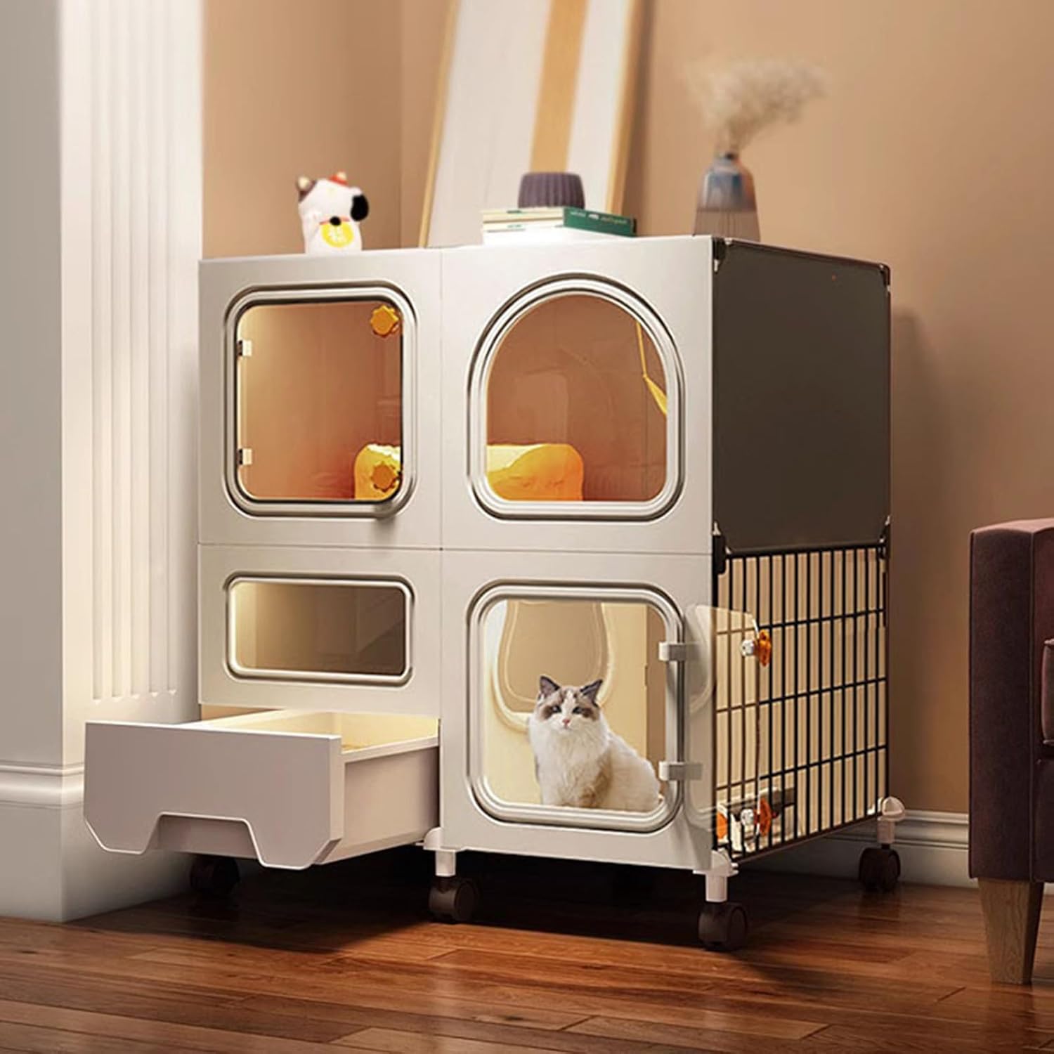 Cage for Cats Cat Cages Indoor with Litter Box, Cat Enclosure with Wheels, 2-Tier Large Cat Cage Indoor Enclosure with Transparent Windows and Knob Locks, Good Ventilation