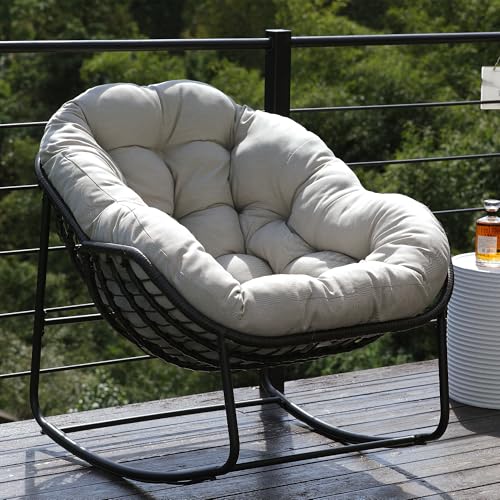 Outdoor Indoor Rocking Chair, Patio Wicker Egg Chair, Indoor & Outdoor Comfy Oversized Papasan Chair with Padded Cushion, Royal Rattan Rocker for Front Porch, Garden, Patio (Beige)