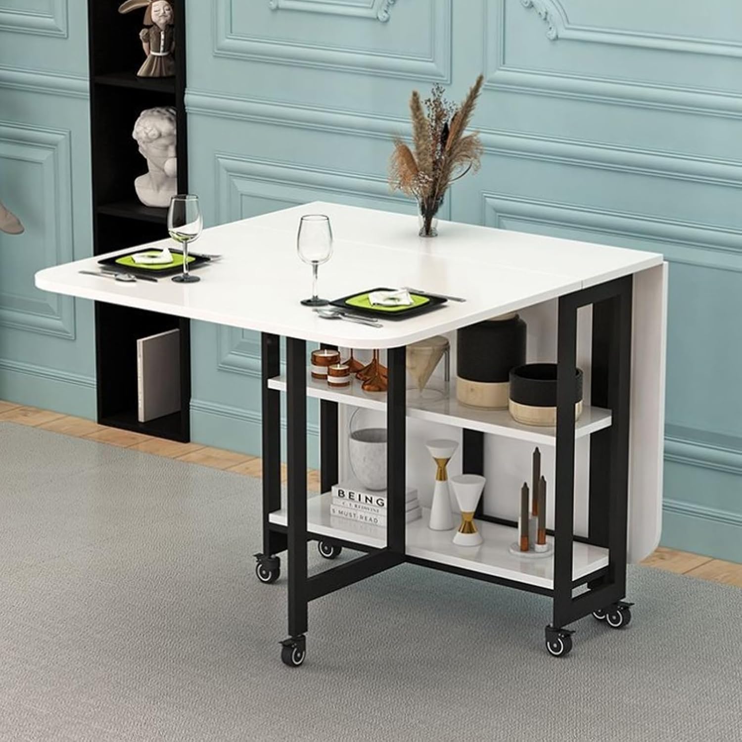 Drop Leaf Dining Table, Modern Folding Dining Table with 6 Wheels and 2-Layer Storage Racks, Space Saving Kitchen Table, Carbon Steel Bracket, Foldable in 3 Forms