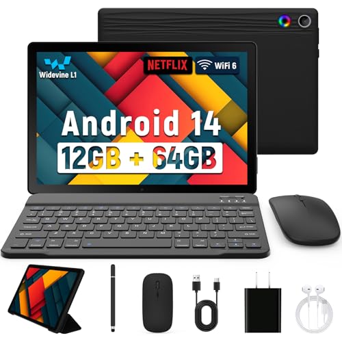 Latest 2025 Upgraded Android Tablet 10.1 Inch with IPS HD Touch Screen, Dual Camera, 64GB Storage 1TB Expansion, 8 in 1 Tablets Kit with Keyboard, Protective Case, Mouse, Stylus, BT 5.4, WiFi 6