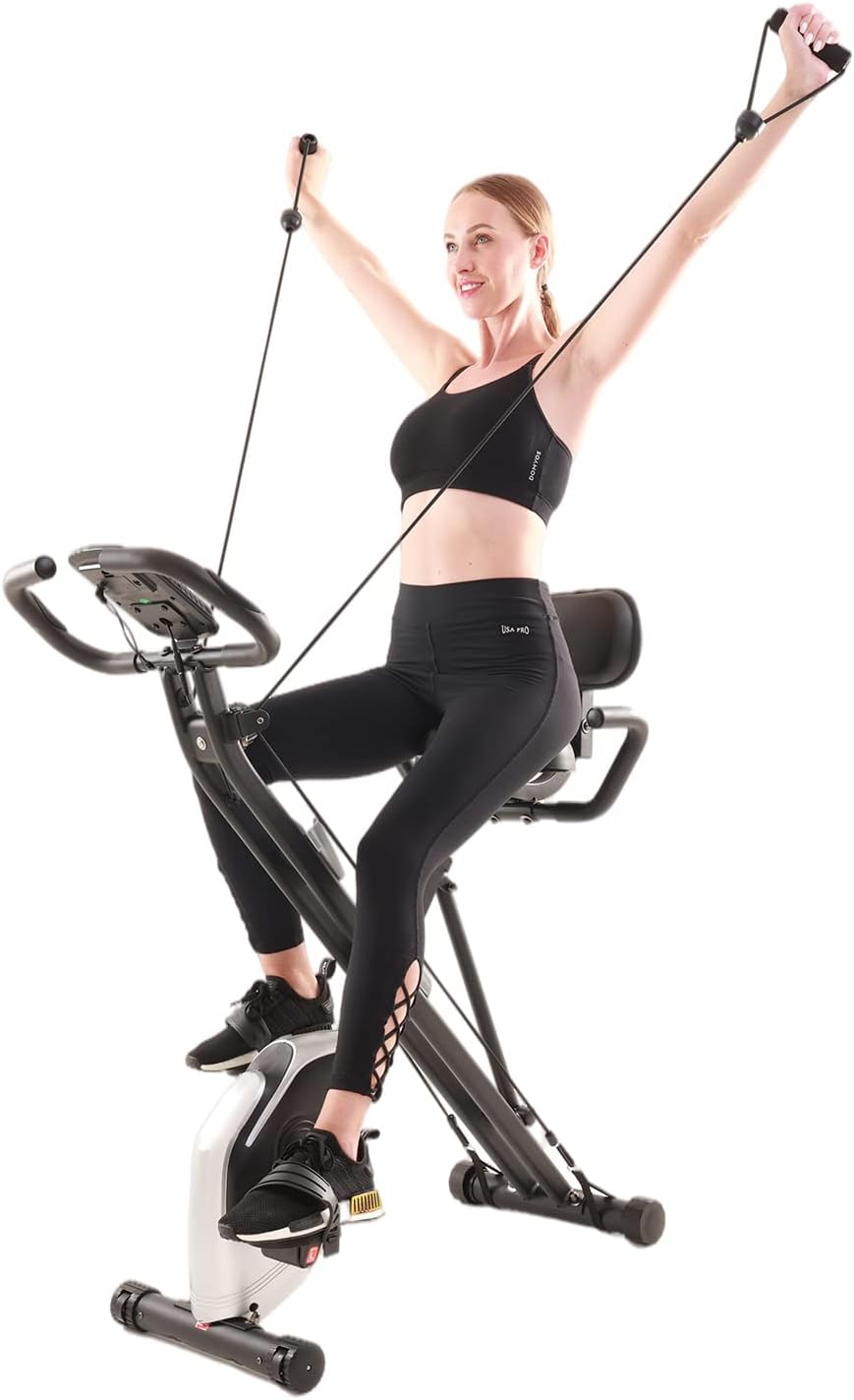 Davcreator Foldable Fitness Exercise Bike, Magnetic Folding Indoor Exercise Bicycle, 2-in-1 Recumbent & Upright Stationary Bike with Arm Workout for Home