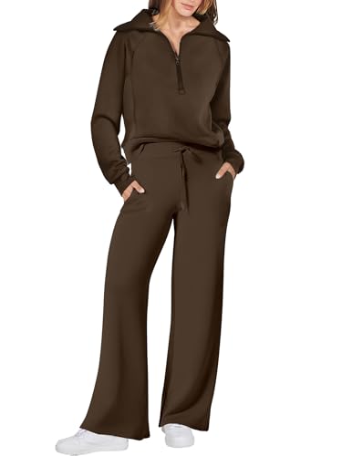 Caracilia Womens 2 Piece Outfits Sweatsuit Set Half Zip Oversized Sweatshirt Wide Leg Sweatpant Fall Lounge Sets Tracksuit