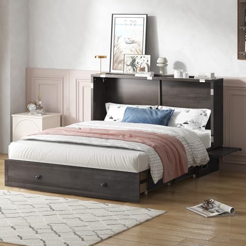 BALUS Murphy Bed, Furniture Murphy Cube Cabinet Bed with USB Charging Station, Foldable Cabinet, Memory Foam Queen Size Mattress, Storage Drawer-Cherry