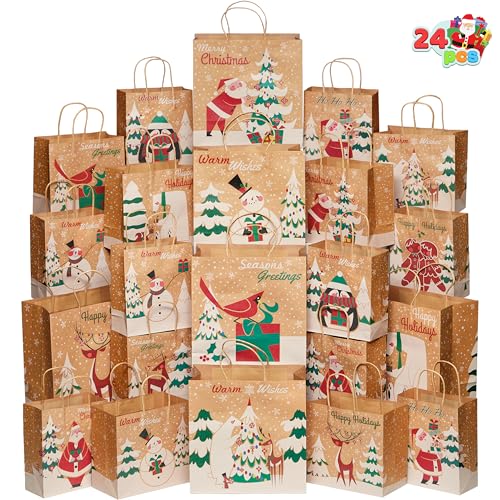 JOYIN 24 PCS Christmas Kraft Gift Bags with Assorted Sizes, Present Bags for Wrapping Xmas Holiday Party Favors, Thanksgiving Gift Decoration, School Classrooms (Classic) Not Include Tissue Paper