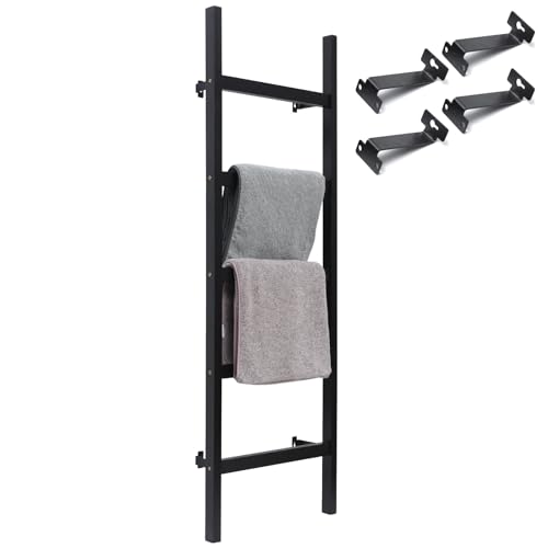 FUIN Wall Mounted 57in Wooden Blanket Ladder Living Room Decorative Farmhouse Quilt Display Holder Rustic Wood Towel Rack for Bathroom, Black