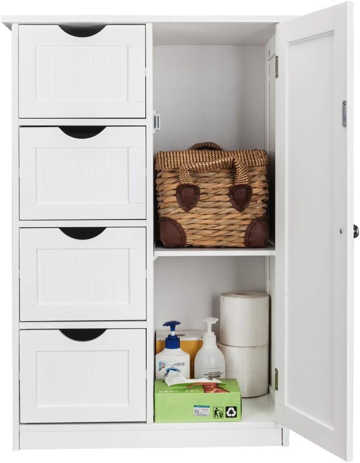 Bathroom Floor Cabinet storage unit with 4 Dawers and Single Door Cabinet, Entryway Storage Cabinet, Freestanding Storage Cabinet for Living Room Kitchen Hallway, White 21.7