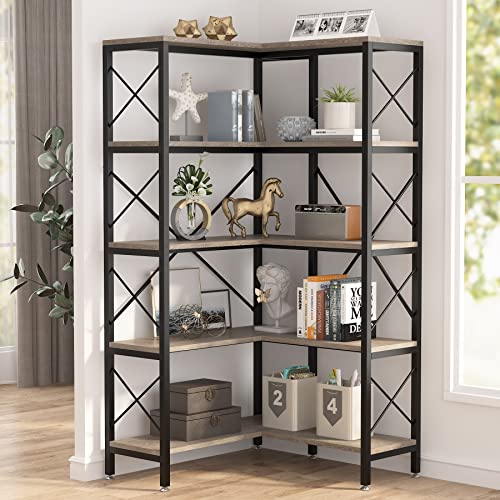 Tribesigns 5-Shelf Corner Bookshelf, Large Modern Corner Bookcase, 5-Tier Tall Corner Shelf Storage Display Rack with Metal Frame for Living Room Home Office (Grey)