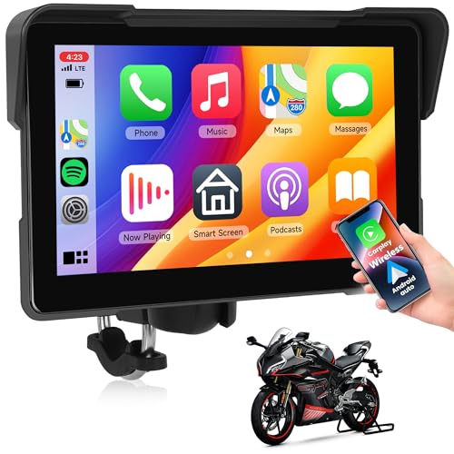 7Inch Motorcycle Carplay Screen, Wireless CarPlay & Android Auto with Design Mount Waterproof Touchscreen Supports GPS Navigation/Bluetooth Transmission/EQ