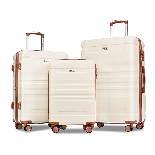 Merax Expandable Hardside Luggage Spinner Wheel Suitcase TSA Lock Suit Case, Brown and Ivory, 4-Piece Set