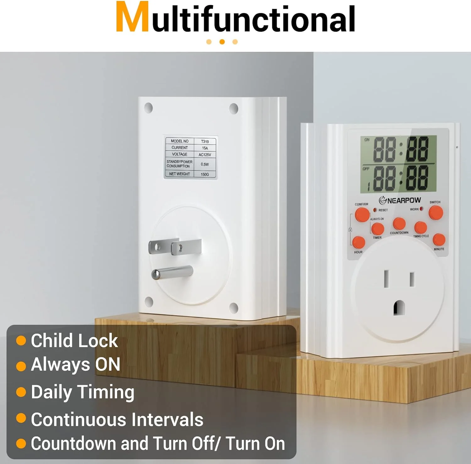 Timer Outlet, Nearpow Multifunctional Infinite Cycle Programmable Plug-in Digital Timer Switch with 3-Prong Outlet for Appliances, Energy-Saving Timer, 15A/1800W