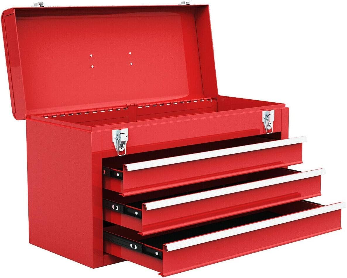 Giantex Portable Steel Tool Box, 20.5'' Toolbox w/ 3 Drawers & Top Storage Tray, Tool Storage Chest w/Double Latch System, Ball Bearing Drawer Slides, EVA Liners & Carrying Handle, Red