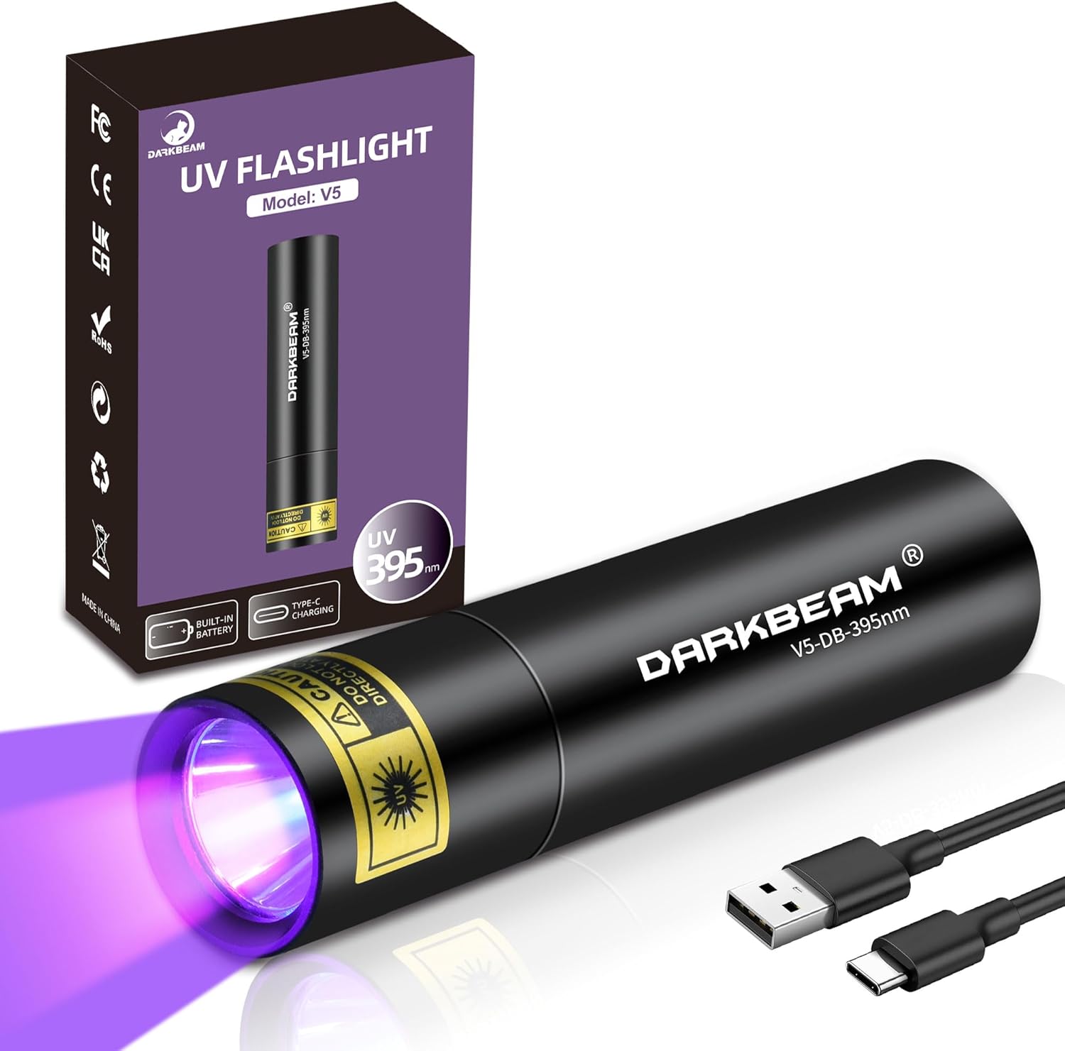 DARKBEAM UV Flashlight 395nm Black Light, Mini & Powerful Woods Lamp USB -C LED Rechargeable, Blacklight Flashlights Pocket Pet Dog Urine Detector - Stains, Leak Detection, Resin Curing