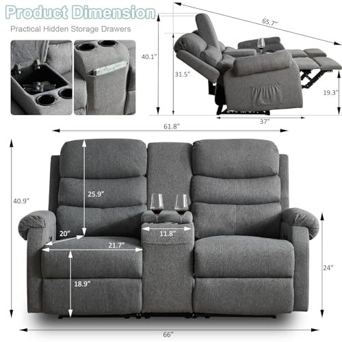 SAMERY Loveseat Recliner - Reclining Loveseat with Console - 2 Seater Manual Recliner Chair Double RV Recliner Loveseat Sofa Couch Set Home Theater Seating for Living Room/Office (Brown, 65.7