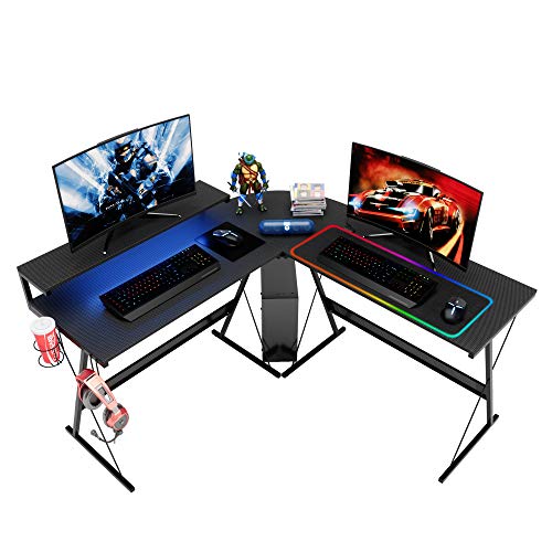 Bestier L Shaped Gaming Desk with LED 55 Inch, Large Monitor Shelf Cup Holder Headset Hook 3 Setup Ways Reversible 72 Inch Long Desk for 2 Persons, Carbon Fiber Black