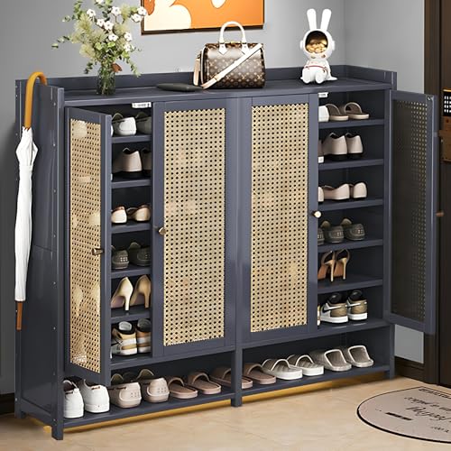 8 Tier Bamboo Shoe Cabinet Storage for Entryway, 40 Pairs Shoe Rack for Closet, Rattan Storage Cabinet with Doors for Hallway Living Room, Grey