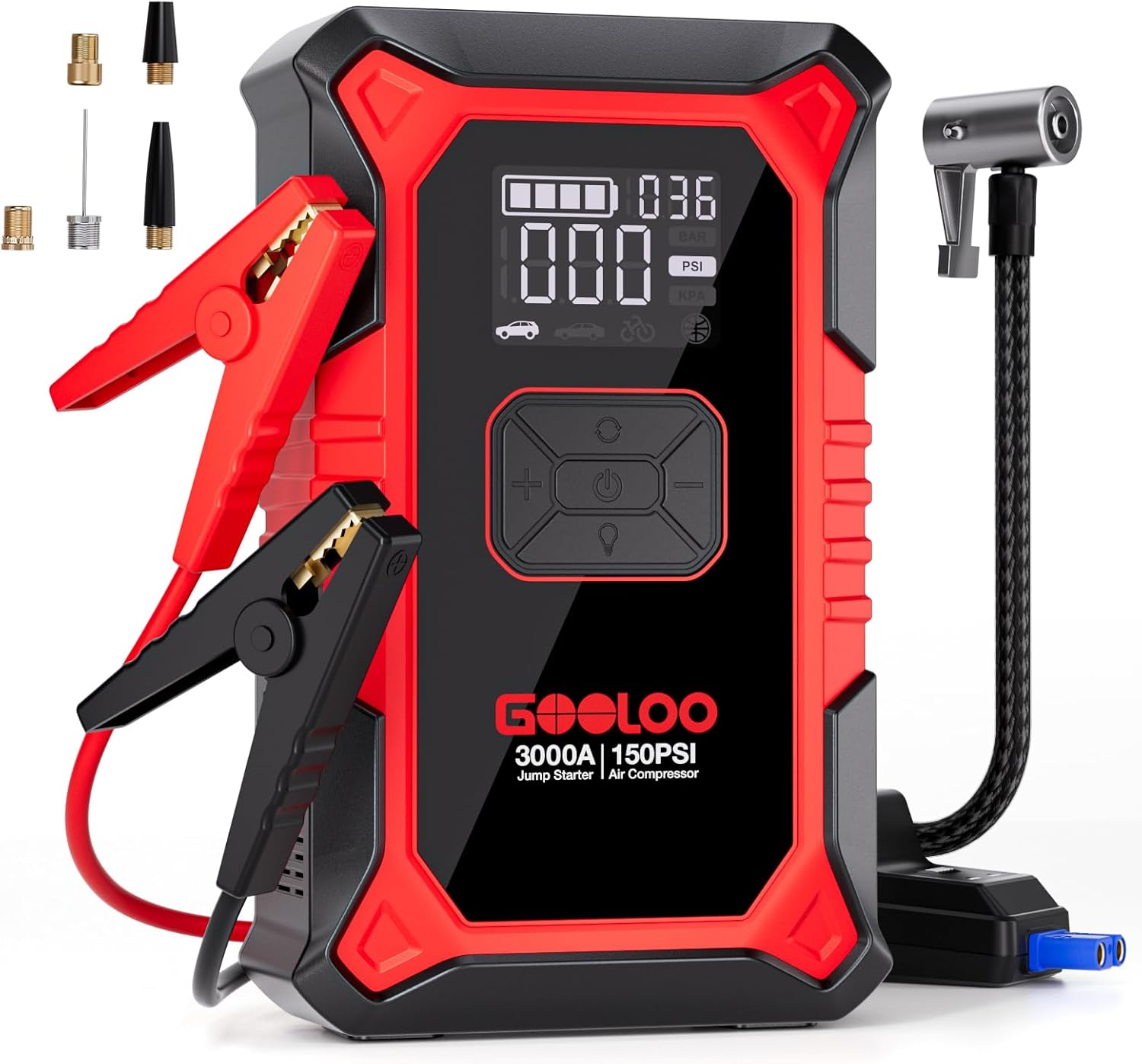 GOOLOO A3 Jump Starter with Air Compressor, 3000A Portable Car Battery Booster (9.0 Gas/6.5L Diesel) with 150PSI Auto-Shutoff Tire Inflator, 12V Supersafe Lithium Jump Box Car Battery Jumper Starter