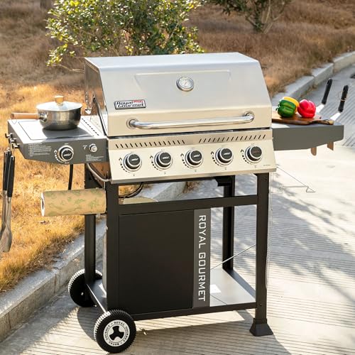 Royal Gourmet GA5406TS 5 Burner Propane Gas Grill with Side Burner and Sear Burner, Cart Style Gas BBQ Grill with Porcelain-Enameled Cast Iron Grates for Backyard Cooking, Silver & Black