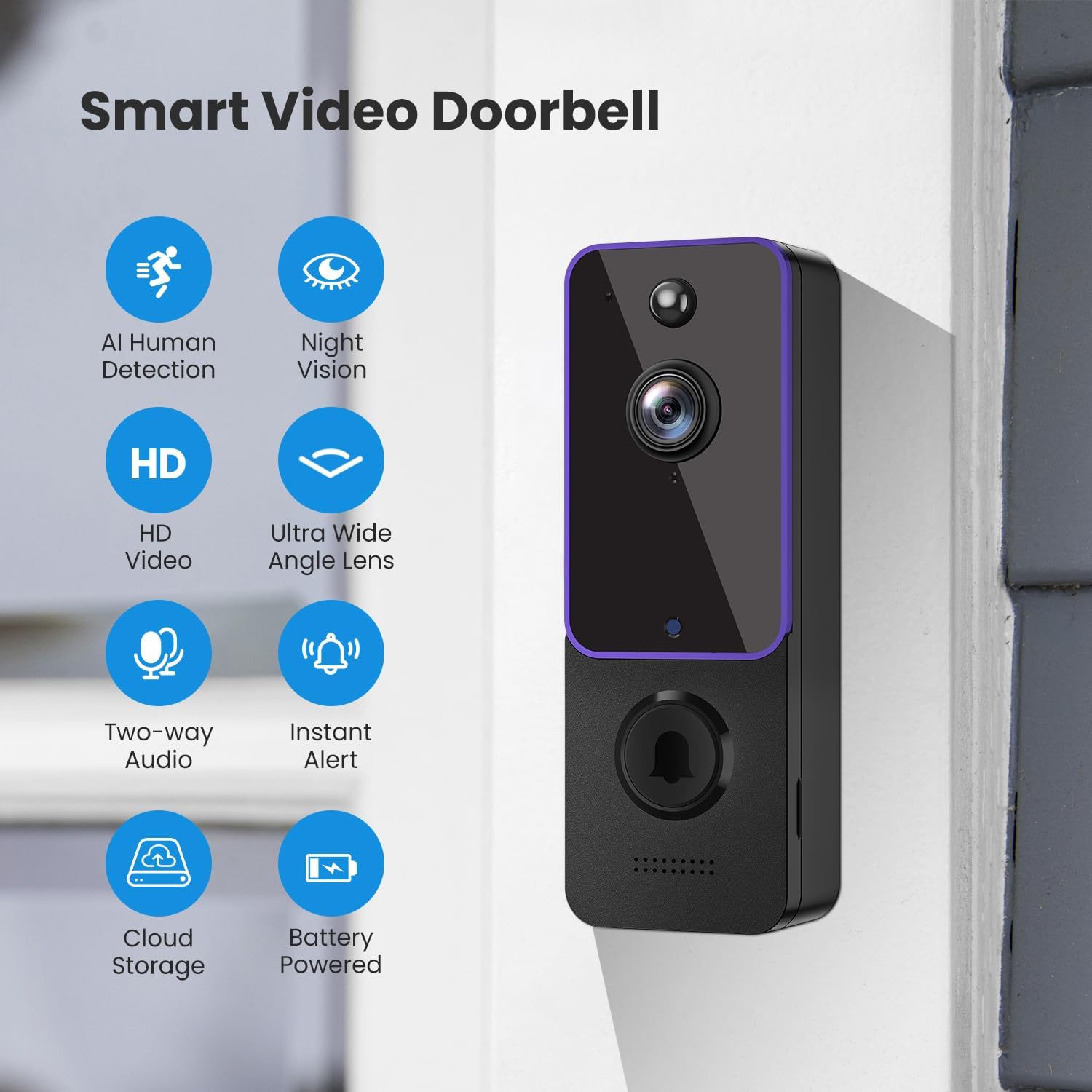 Doorbell Camera Wireless, Smart Video Cam with Chime, AI Human Detection, Two Way Audio, HD Live View, Night Vision, 2.4G WiFi Only, Cloud Storage, Indoor Outdoor Surveillance