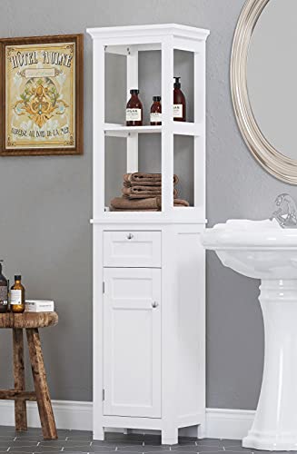 Spirich Home Bathroom Freestanding Storage Cabinet with Two Tier Open Shelves, Tall Slim Cabinet with Door and Drawer, Floor Linen Tower (White)