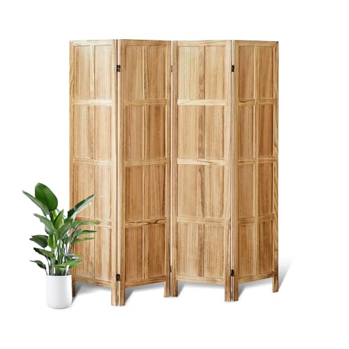 4 Panel Room Divider, 5.6 FT Folding Privacy Screen Room Divider, Partition Divider for Room Separation, Wooden Room Screen Divider Freestanding, for Home Office, Bedroom (Light Brown)