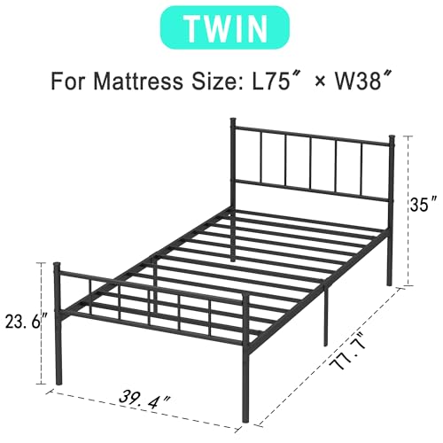 Twin Size Platform Bed Frame - Black Metal Bed Frame Heavy Duty Bed Base with Headboard and Footboard Steel Slat Support No Box Spring Easy Assemble Suitable for Bedrooms