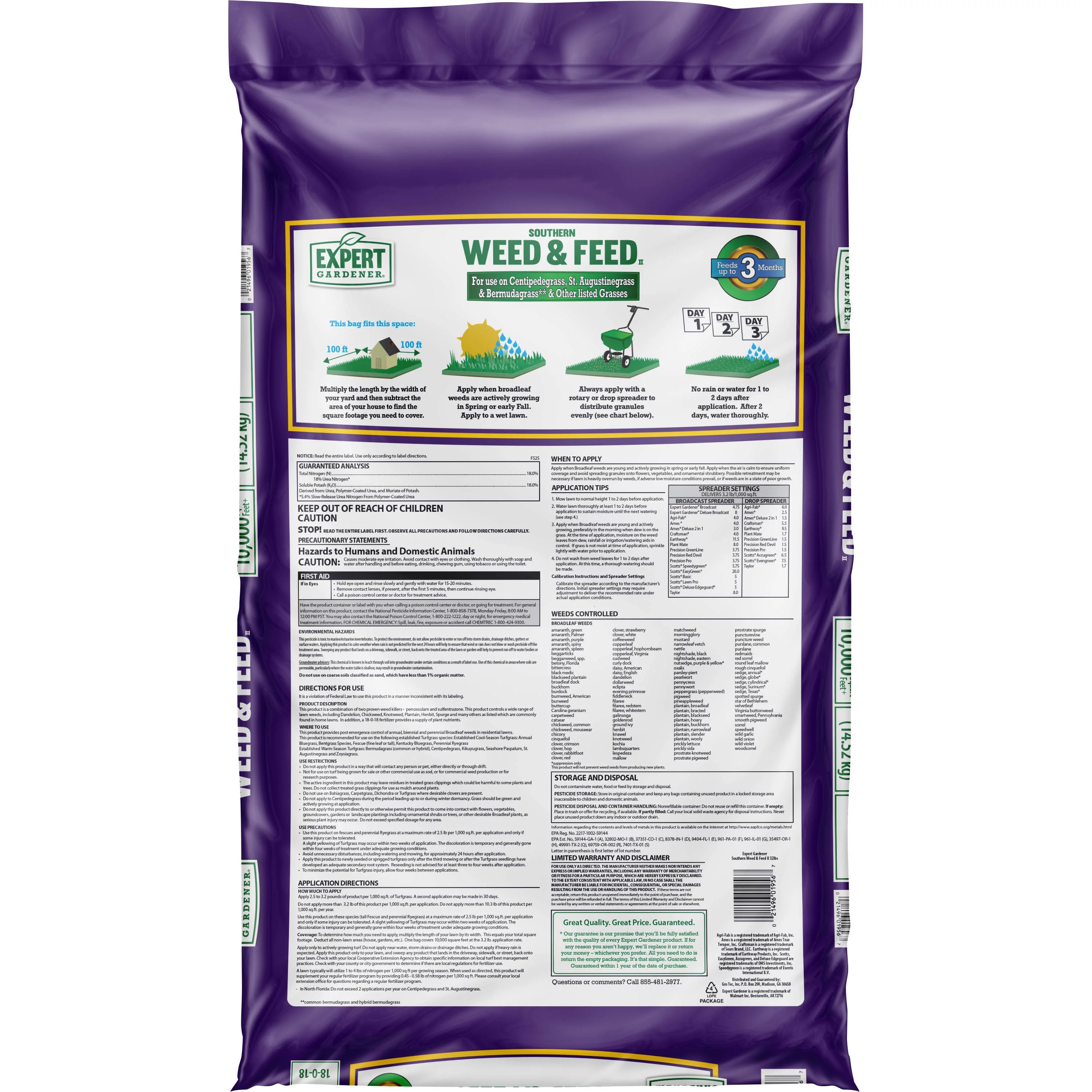 Expert Gardener Southern Weed & Feed, Lawn Fertilizer, 32 lb. - Covers 10,000 Sq. ft.