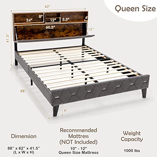 Giantex Queen Size Bed Frame with Storage Headboard, Modern Upholstered Platform Bed w/ 4 Storage Shelves & Hidden Space, Mattress Foundation, 12 Strong Slats Support, No Box Spring Needed
