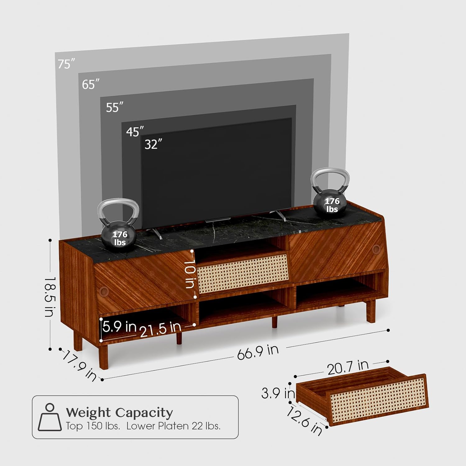 TV Stand for 75+ Inch TV, Mid Century Modern TV Stand with Rattan Drawer,Entertainment Center with Storage, Large Media TV Console, 67 inch Long Television Stand for Living Room,Walnut