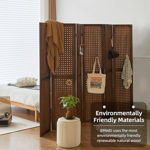 4 Panel Room Divider with Shelves, 5.6Ft Pegboard Display with 16 Hooks,Soild Wood Room Divider, Folding Privacy Screen, Freestanding Display for Hoom Store (Natural)