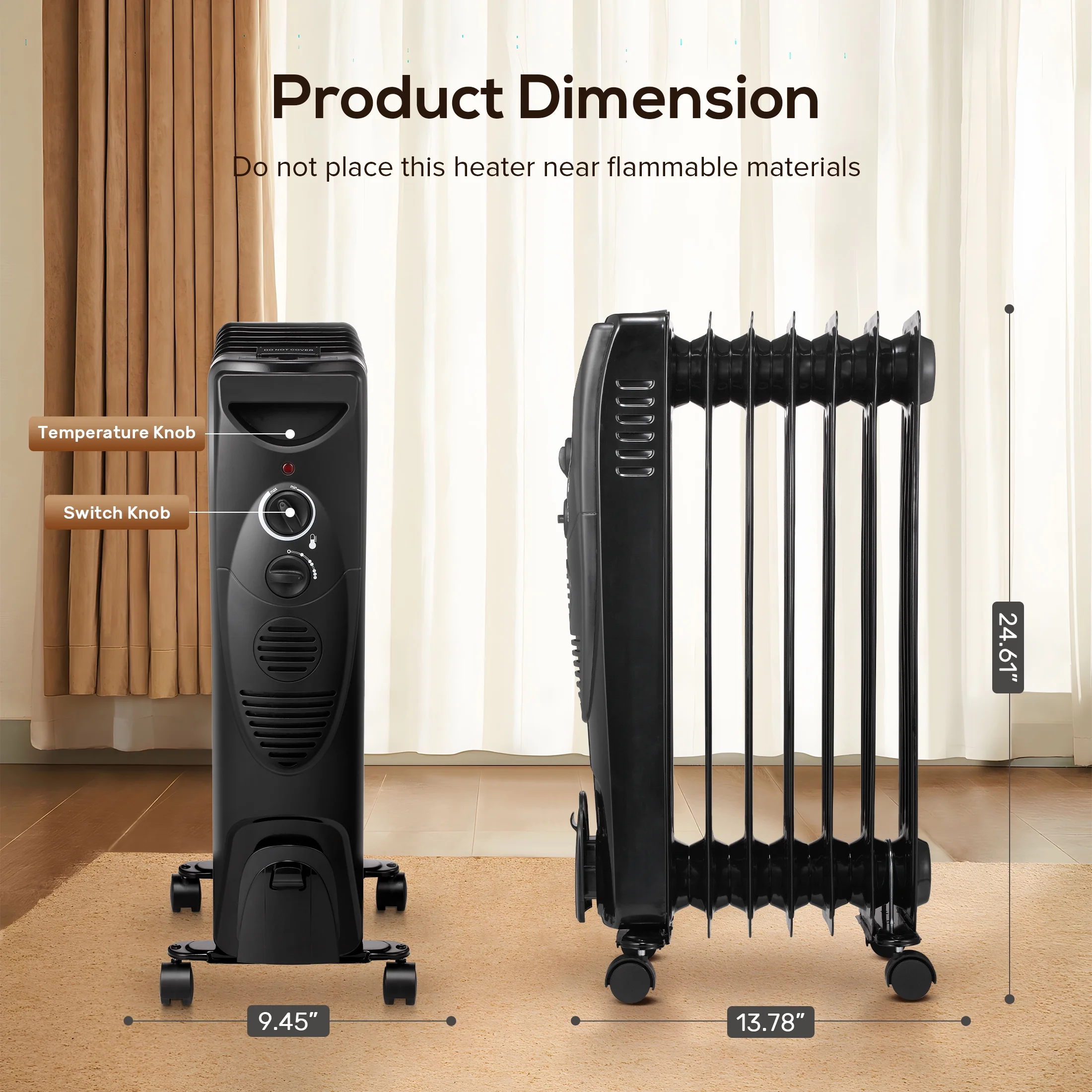 KISSAIR  Electric Oil Filled Radiator Space Heater, Thermostat Room Radiant and Room Heater