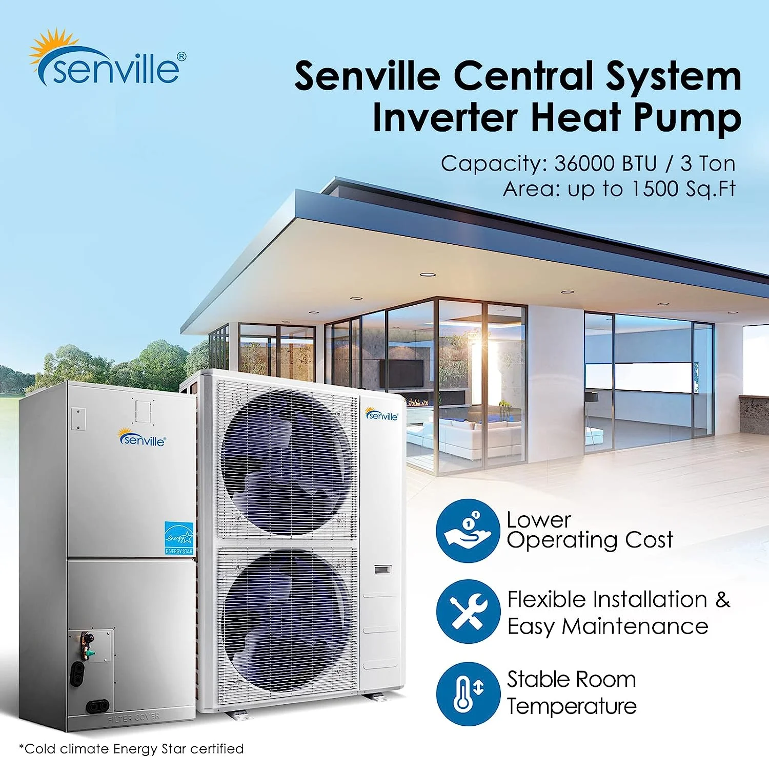 Senville 3 Ton Central Air Conditioner Heat Pump Split System, 36,000 BTU, Inverter, Variable Speed, 208/230V 36000 BTU