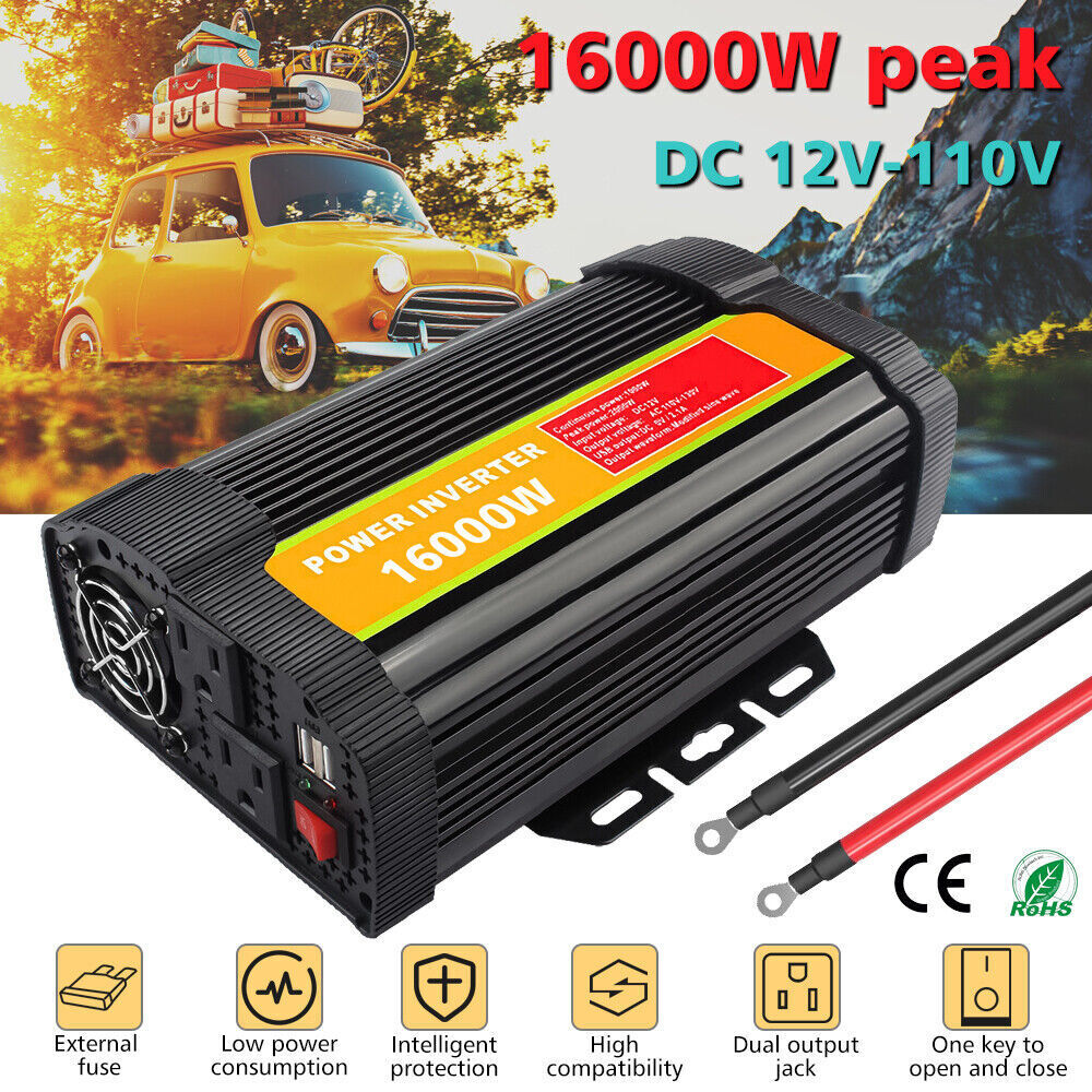 16000W(Peak) Car Power Inverter DC 12V to AC 110/120V Pure Sine Wave Converter