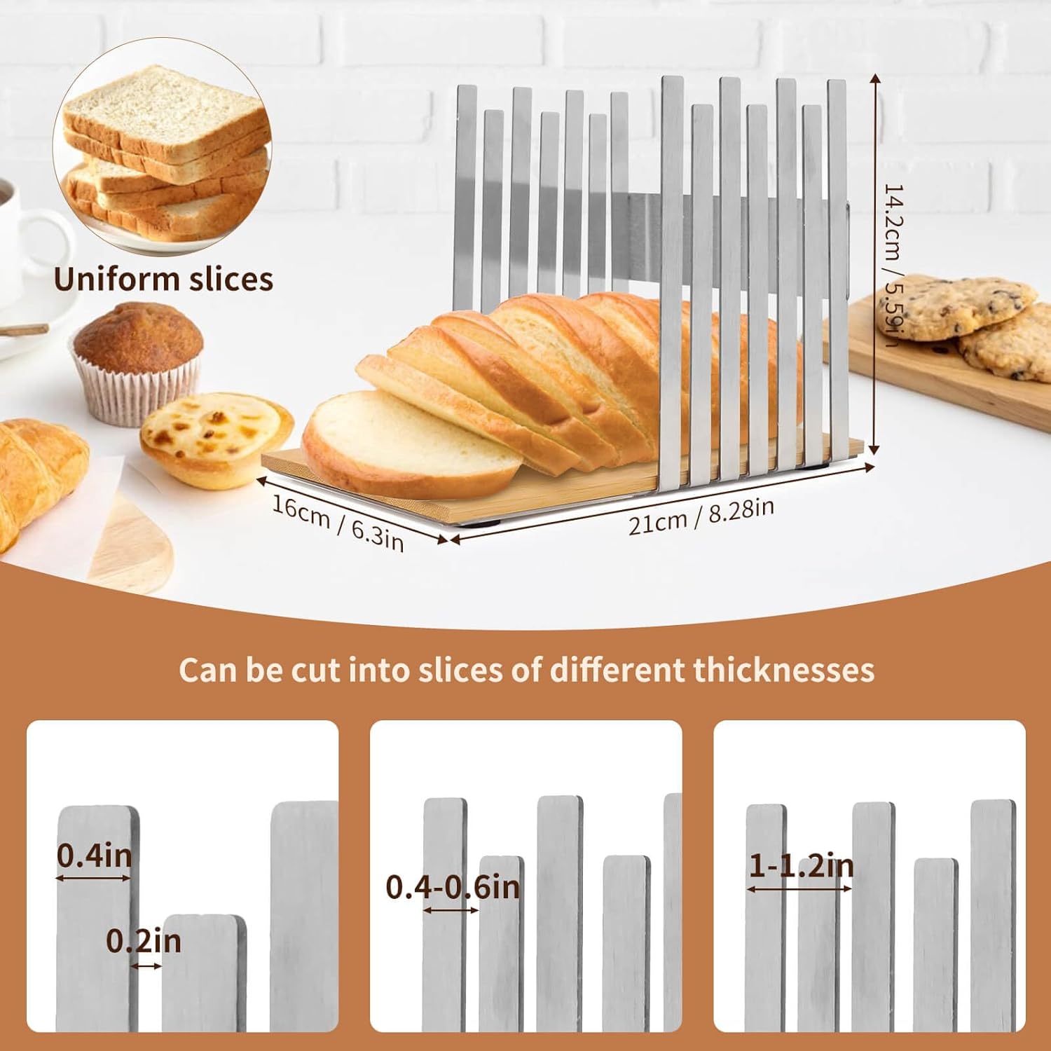 Stainless Steel Bread Slicer, Bread Slicer for Homemade Bread, Bread Slicing Guide with Sturdy Bamboo Cutting Board, Slices Evenly Bread Cake Cutting Guide