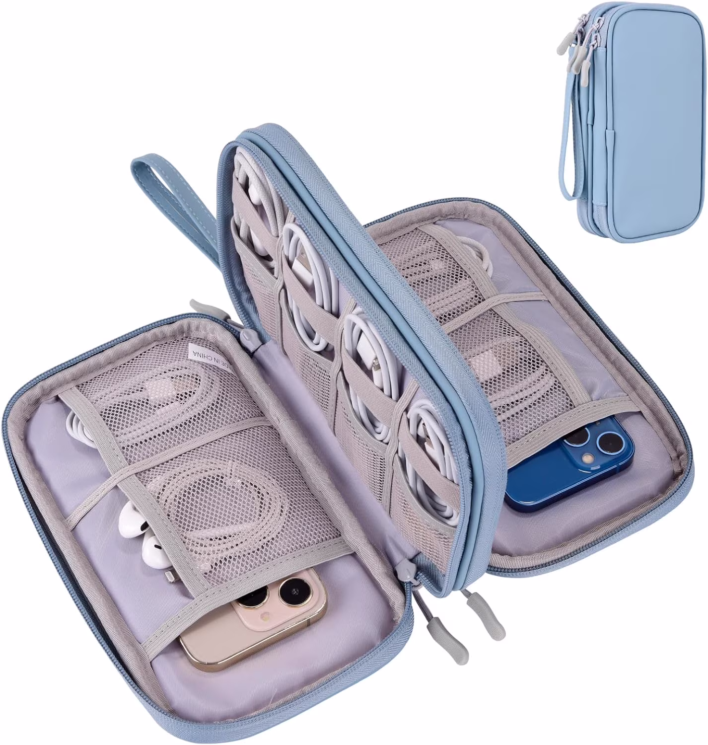 Misty Blue Cable Organizer Bag for Travel, Medium Size Tech Accessories Pouch with Charging Cords & Electronics Storage
