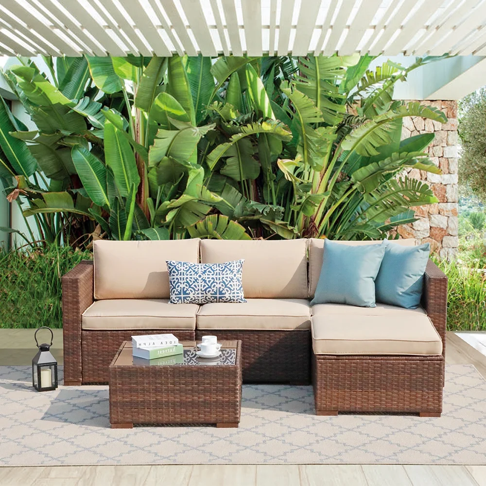 Patiorama 5-Piece Patio Furniture Set, Outdoor Sectional Conversation Set, All-Weather Brown PE Wicker with Beige Cushions, Outdoor Backyard Porch Garden Poolside Balcony