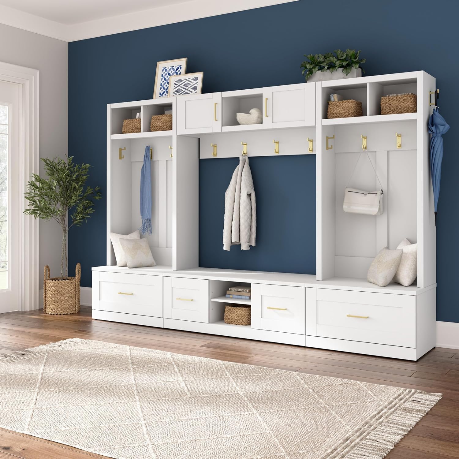 Bush Furniture Hampton Heights Full Entryway Storage Set with Coat Rack, Hall Trees, and Shoe Benches with Doors and Drawers in White | Foyer, Mudroom Organizer