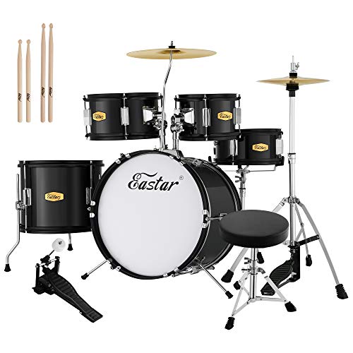 Drum Set Eastar 16 inch 5-Piece, Junior Drum Kit for Beginners Kids Teenagers with Adjustable Throne and Cymbal, Pedal & Drumsticks, Metallic Black (EDS-350BK)