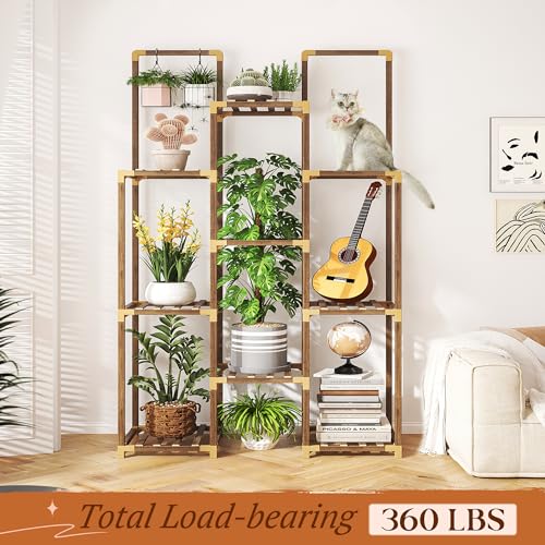 EnHomee Plant Stand Indoor Plant Shelf Load-Bearing 570 LBS Wood Plant Stand for Multiple Plants with 13 Potted & Double Rod for Hanging Plant Rack Plant Shelves 56''W*11.6''D*47''H Transformable