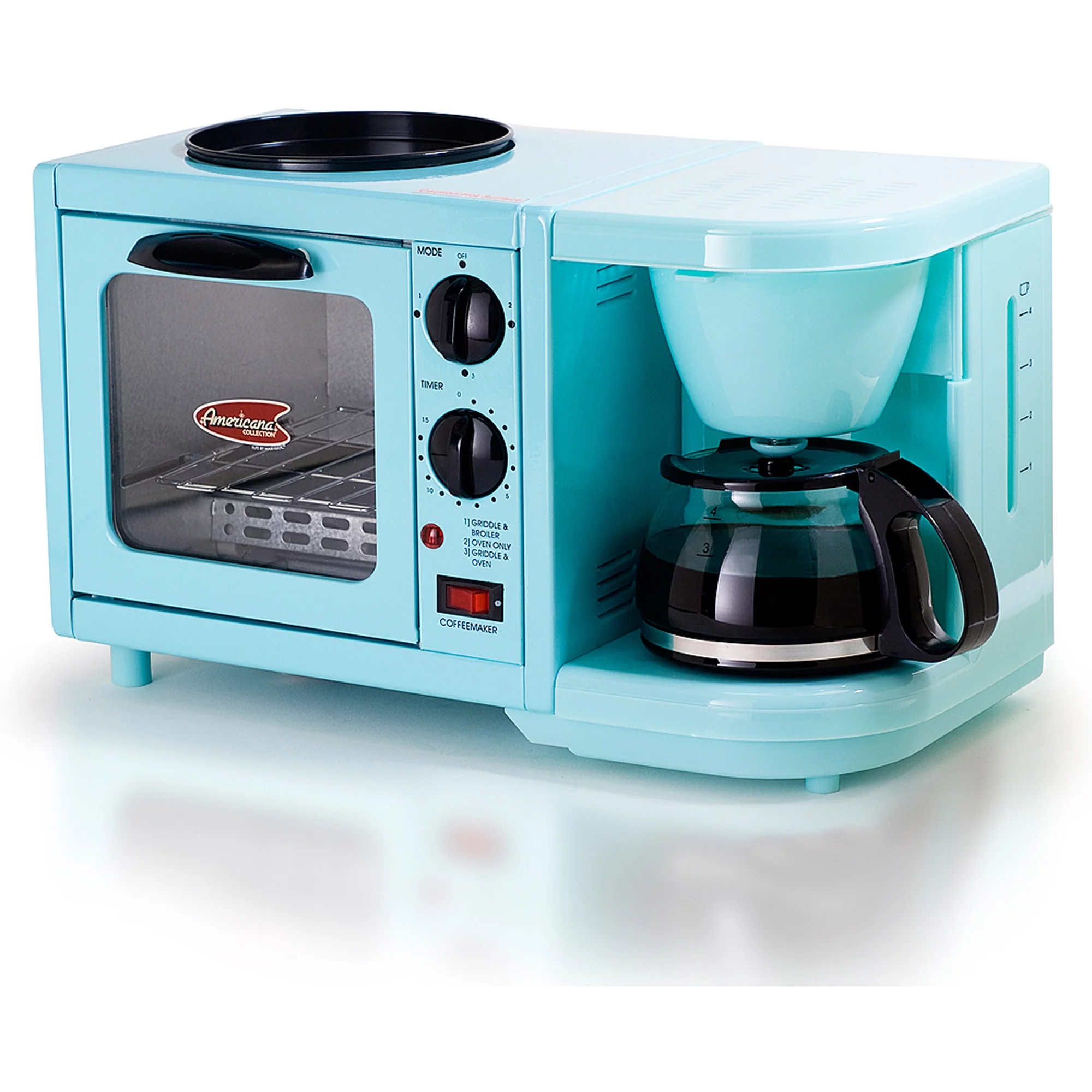 Americana by Elite EBK-200BL 3-in-1 Mini Breakfast Shoppe, Coffee, Toaster Oven, Griddle, Mint Blue