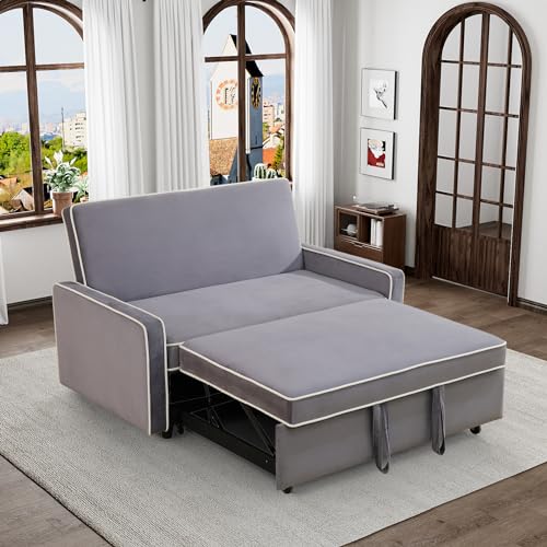 3 in 1 Convertible Sleeper Sofa Couch with Pullout Bed, Modern Flannel Pull Out Love seat Sofa, 2 Seater Futon Loveseat Couch Bed for RV, Living Room, Bedroom and Small Space (Grey)