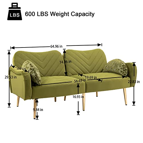 Modern Velvet Futon Sofa Bed, Convertible Loveseat with 2 Crescent-shaped Pillows, Small Sleeper Sofa with 3 Adjustable Positions, Upholstered Living Room Couch with 7 Metal Tapered Legs, Beige