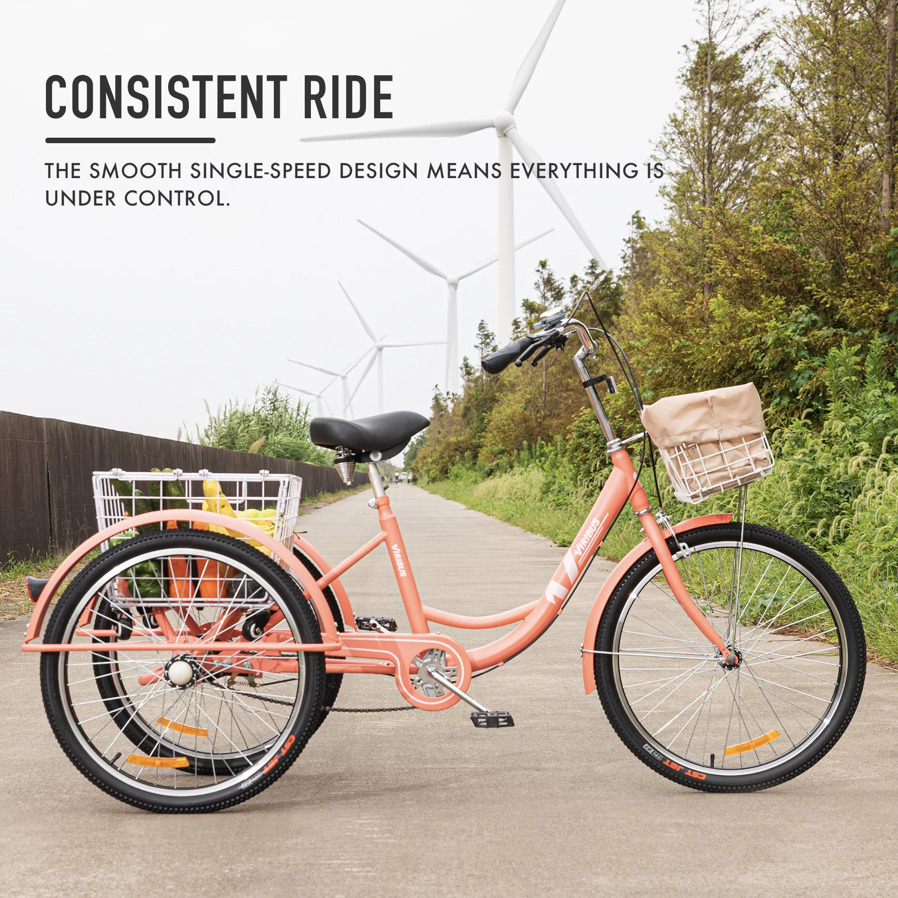 Viribus 26 Inch Single Speed Adult Tricycle 3 Wheel Bike with Removable Basket, Hybrid Beach Trike, Pink