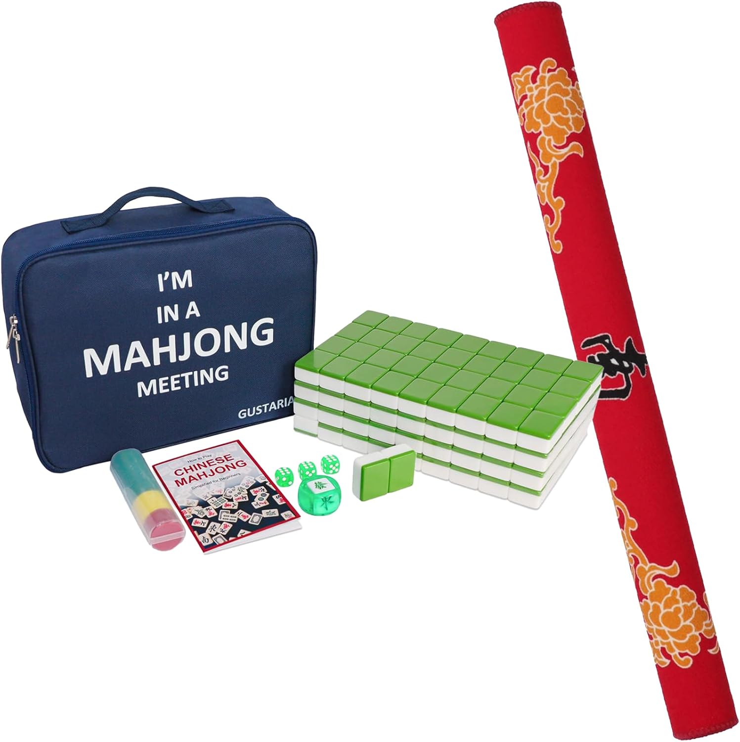 Chinese Mahjong Set, 1.65'' Large Size Tiles, Mahjongg Game Set with 146 Green Tiles & Blue Carrying Bag,Mahjong Mat with 3 Free Dice, Anti Slip and Noise Reduction Table Cover (Red, 31.5 inches)