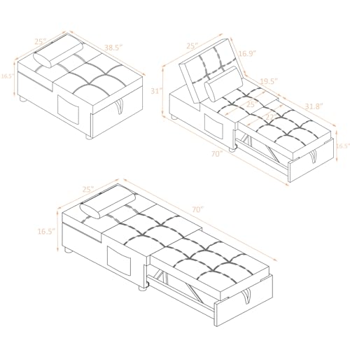 Recliner Chair, Futon Ottoman Sofa Bed with Adjustable Backrest, Modern Linen Upholstered Sleeper Sofa Couch with 1 Pillow and Side Pocket for Living Room Bedroom Apartment Office, Grey