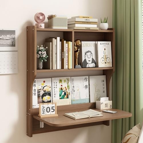 Wall Mounted Drop-Leaf Table, Wall Mounted Floating Folding Table with Storage Shelves, Multifunctional Computer Workstation, Folding Hanging Storage Cabinets Space Saving Drop-Leaf Table(Brown)