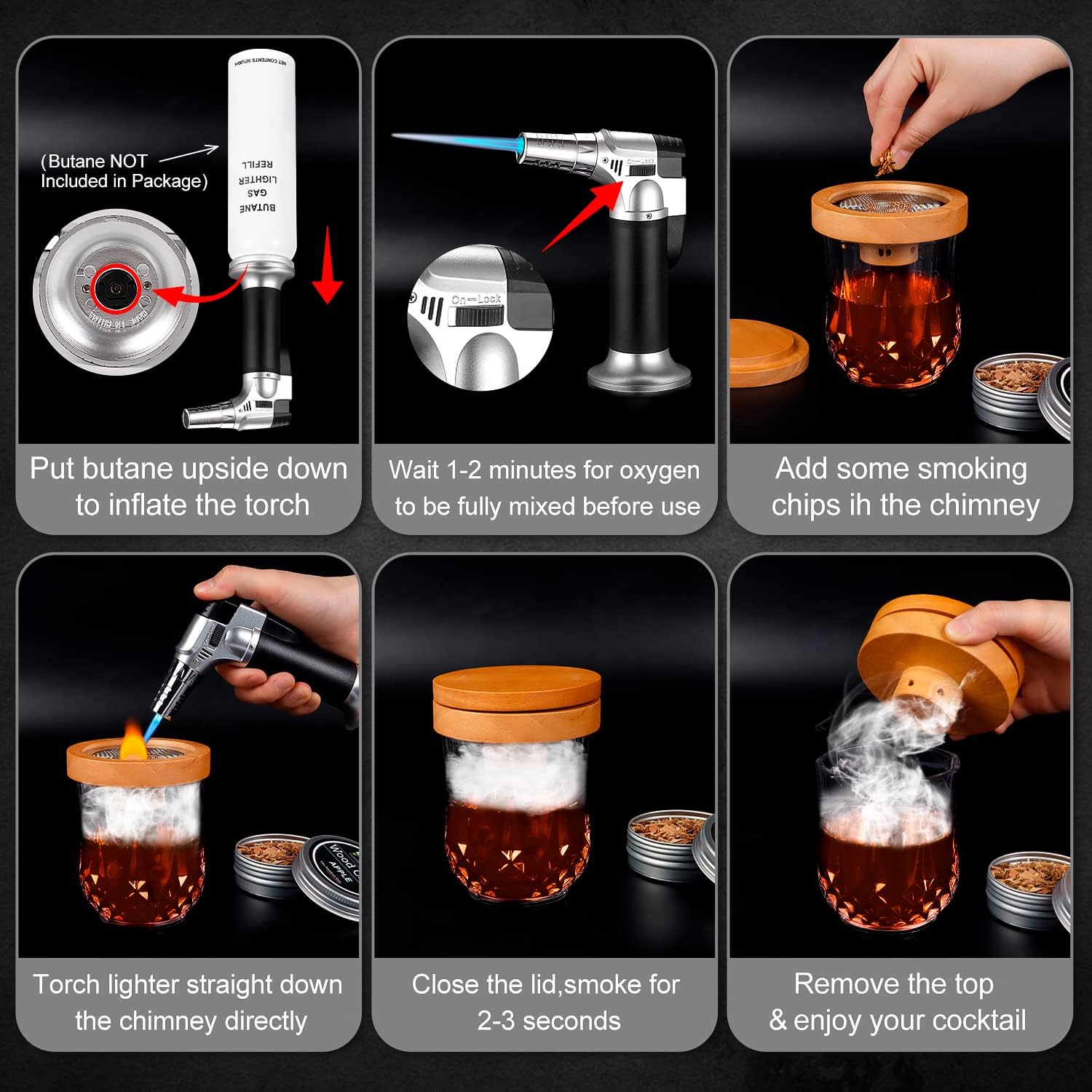 Cocktail Smoker Kit with Torch, Old Fashioned Cocktail Kit with 4 Flavors Wood Chips, Drink Smoker for Whiskey Pack of 2