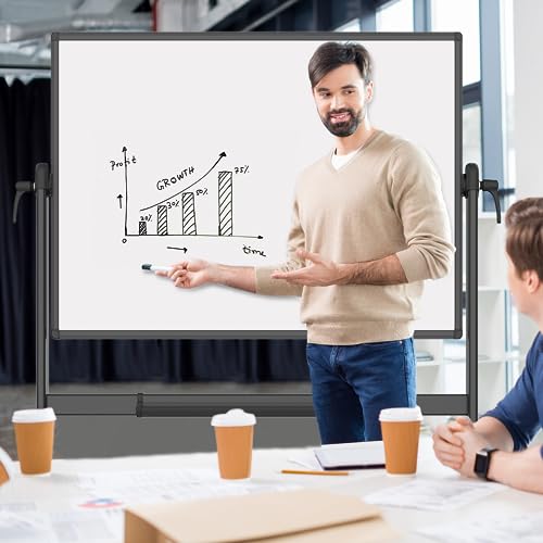 VIZ-PRO Double-Sided Magnetic Mobile Whiteboard, 48 x 36 Inches, Aluminium Frame and Stand