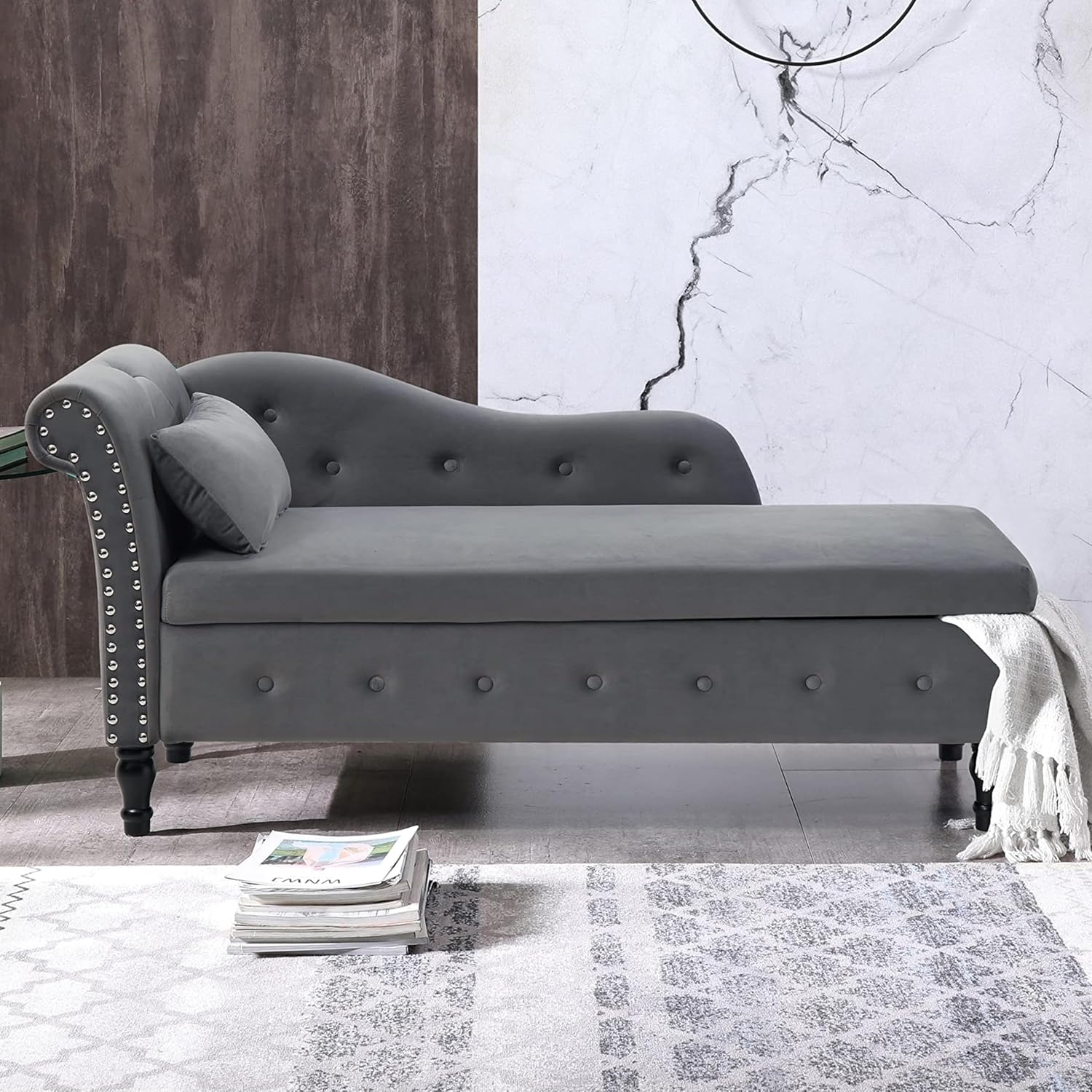 Bellemave Velvet Chaise Lounge Chair with Storage, Upholstered Sleeper Sofa Bed with 1 Pillow, Buttons Tufted Multifunctional Lounge Indoor, for Living Room Bedroom Office, Gray, Gray Velvet