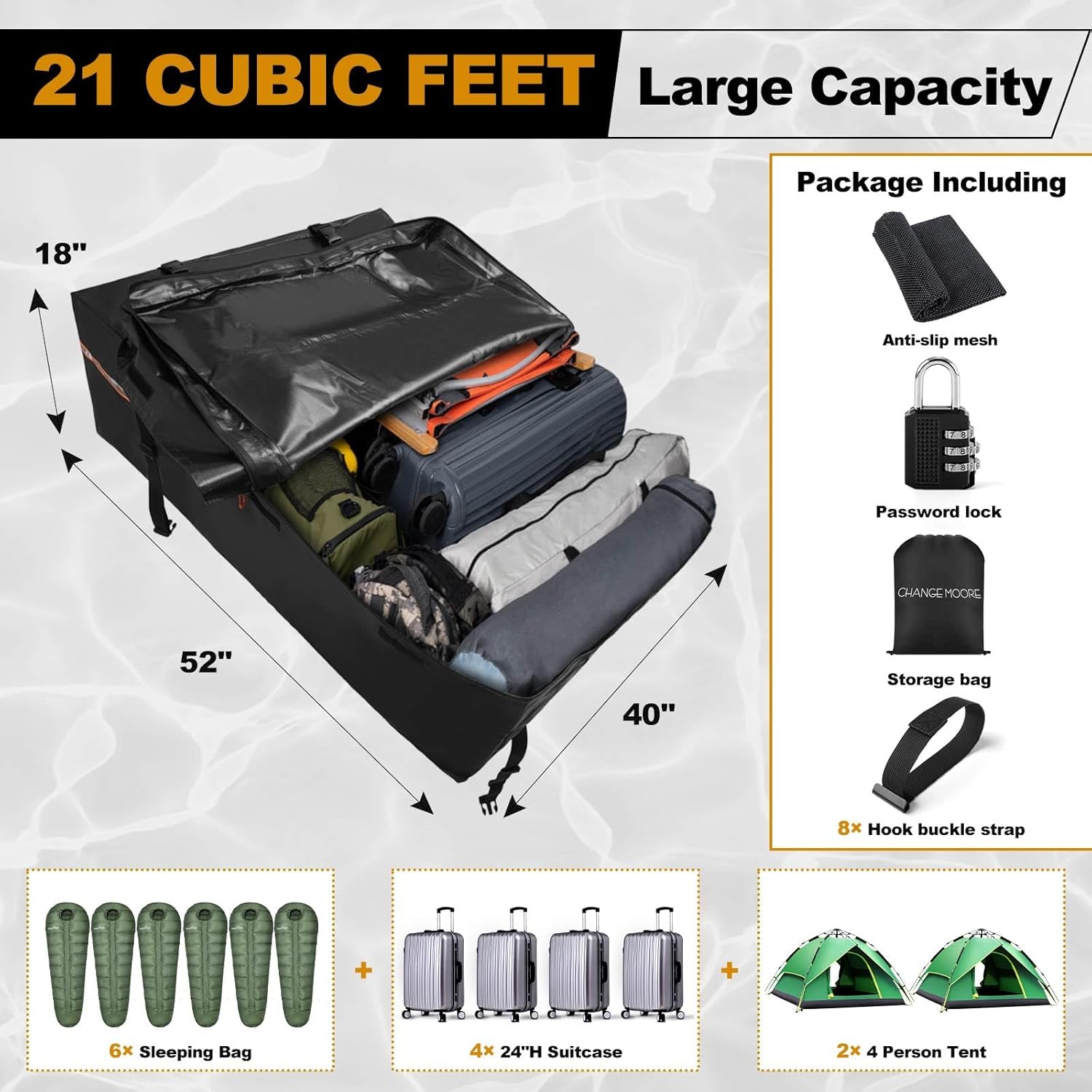 Car Rooftop Cargo Carrier Bag: 21 Cubic Feet 1000D Waterproof Car Roof Storage for All Vehicles with/without Rack includes Anti-Slip Mat, 8 Door Hooks, Storage Bag, Luggage Lock